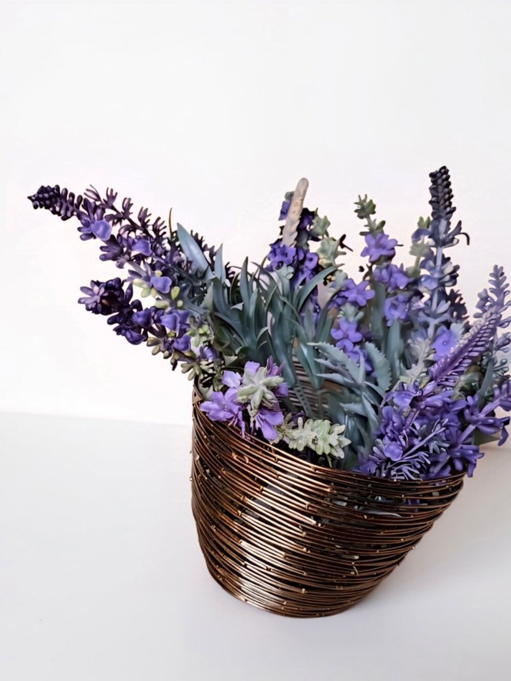 Faux Lavender Candle Ring Bronze Wire Bowl Cottagecore Farmhouse Table Decor
